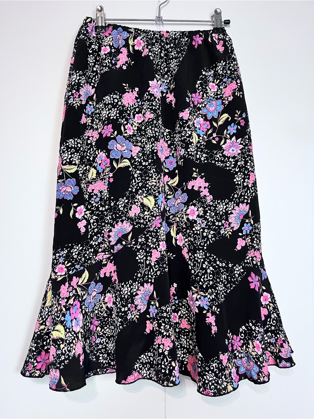 Caroll Real Floral Midi Skirt Black Pink Blue Boho Ruffle Hem Small